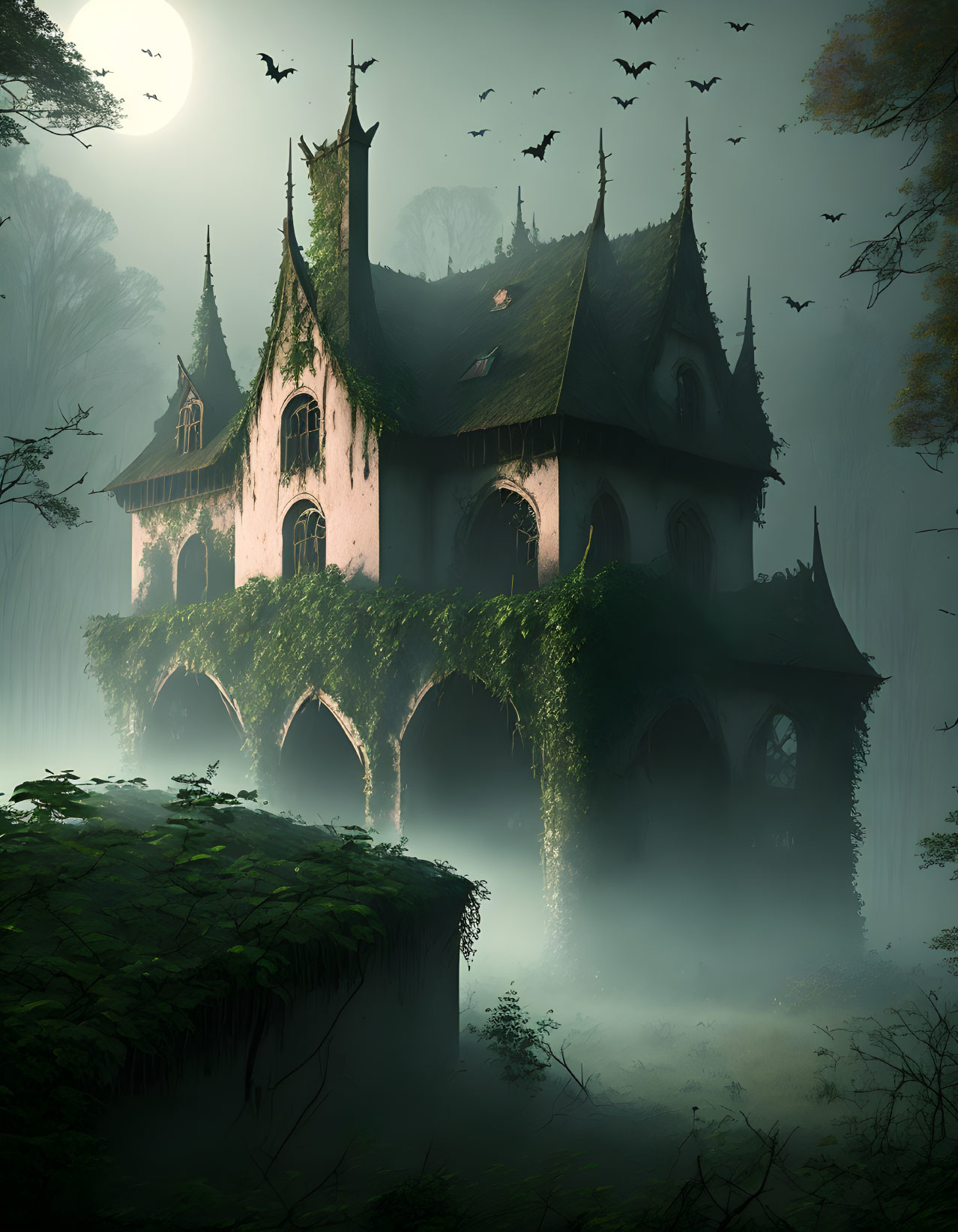 Gothic mansion in misty forest with bats under pale moonlit sky