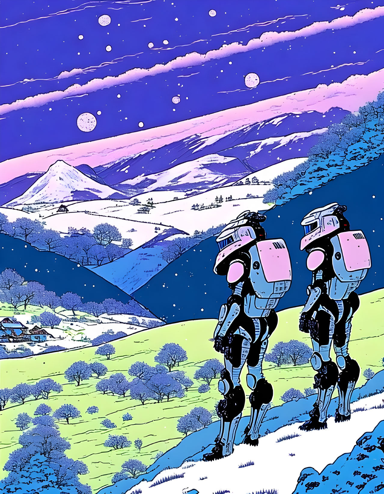 Robots walking in snowy landscape with mountains and starry sky