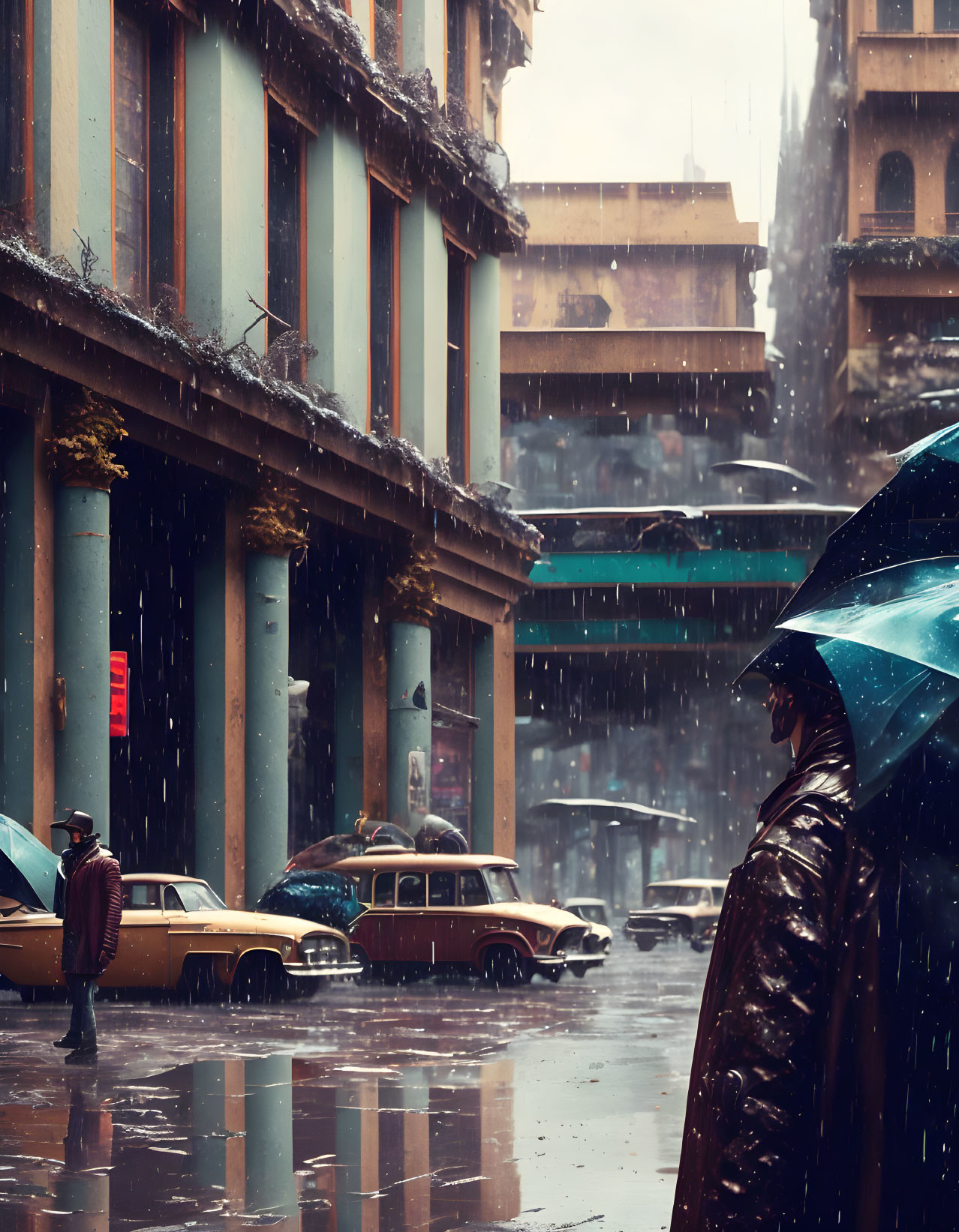 Person with umbrella in rainy retro-futuristic city street with vintage cars & weathered buildings