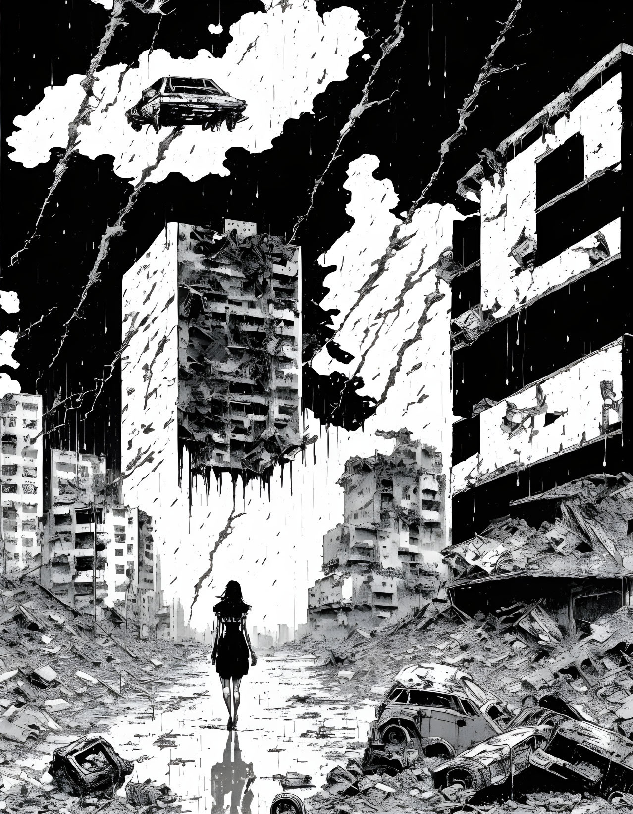 Monochrome dystopian scene with solitary figure and hovering craft