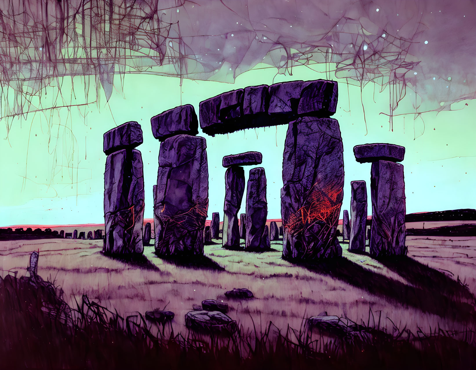 Vivid Purple Skies Over Stylized Stonehenge Illustration