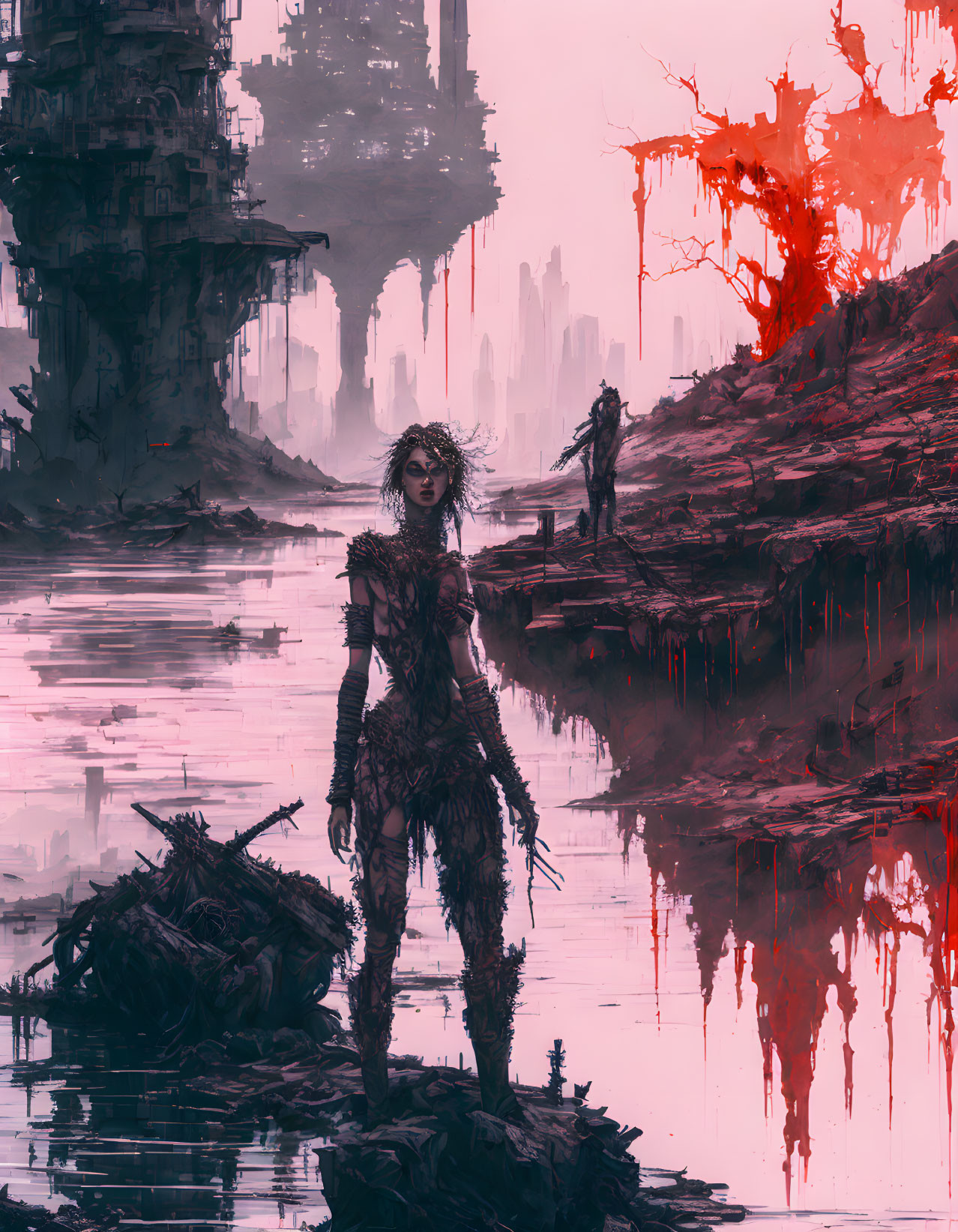 Female warrior in dystopian landscape with towering structures and crimson water under red sky.