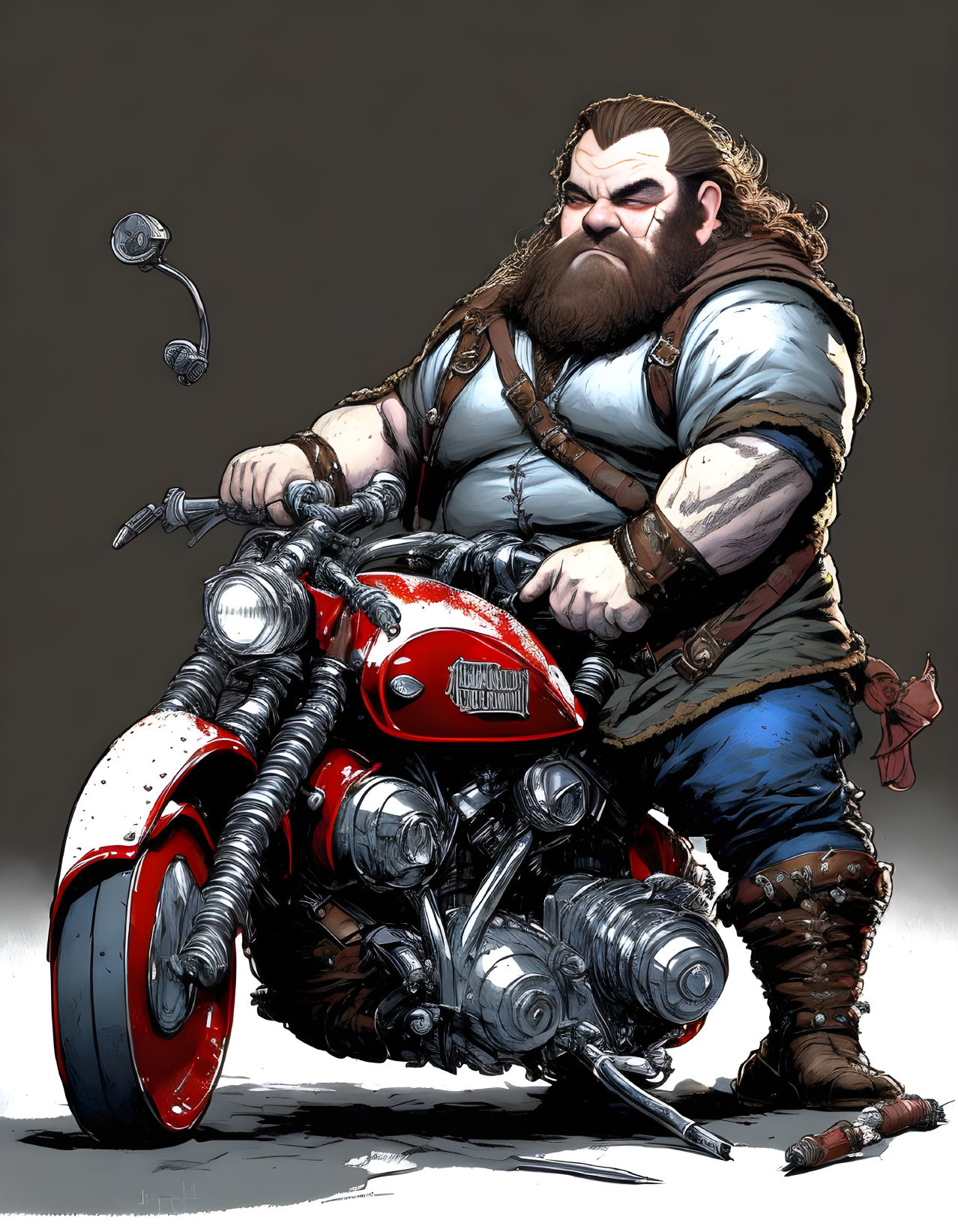 Cartoon Dwarf on Chopper Motorcycle with Axe Gear