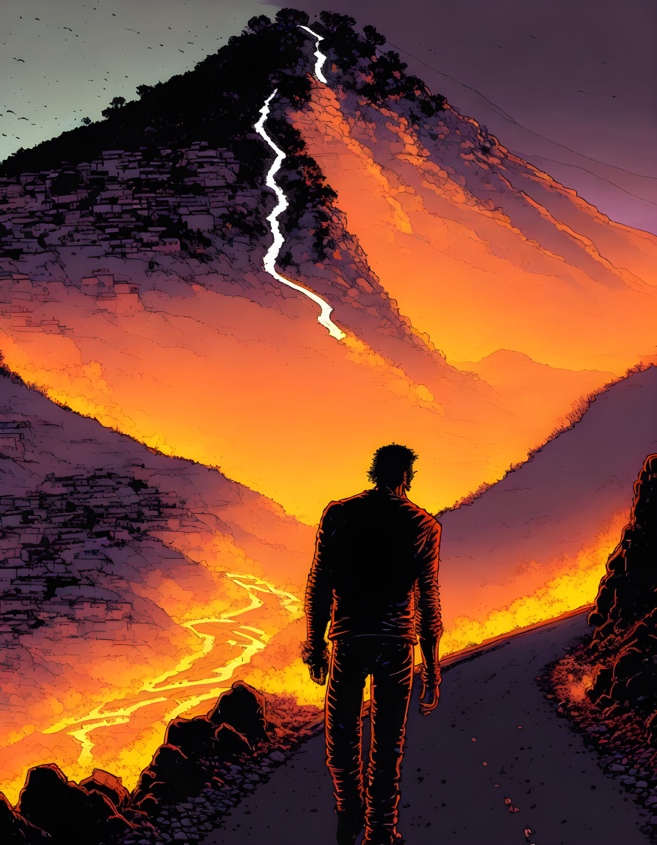 Person Silhouetted at Cliff Edge Overlooking Fiery Chasm