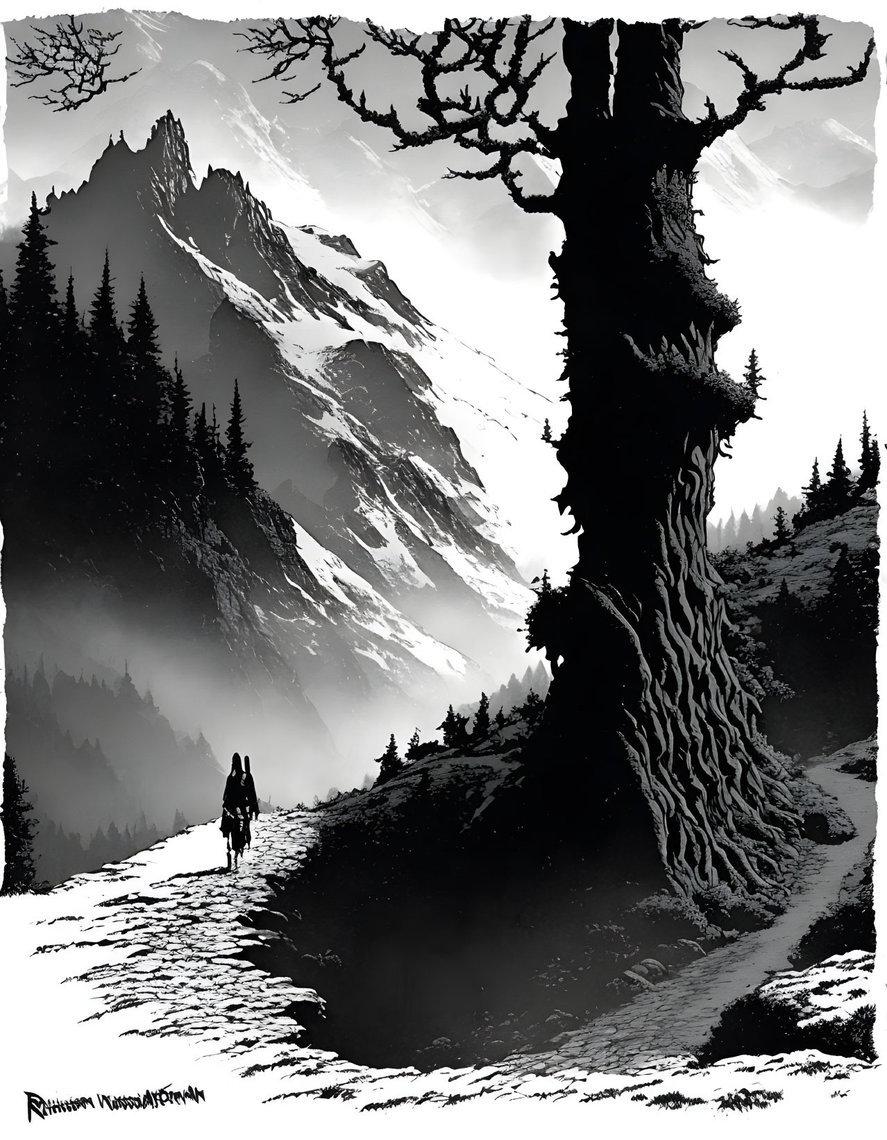 Monochrome illustration of person on rugged mountain path