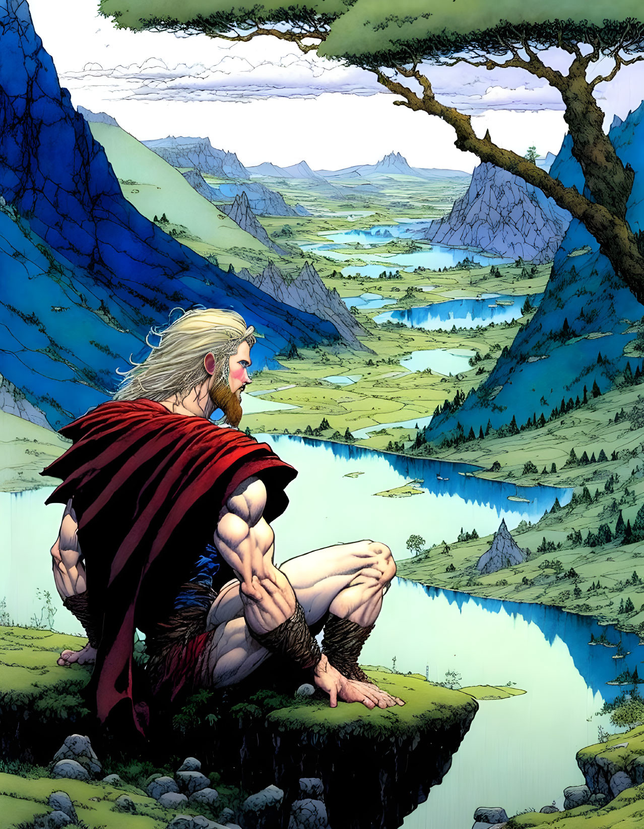 Long-haired man in red cape gazes over serene valley with rivers and mountains