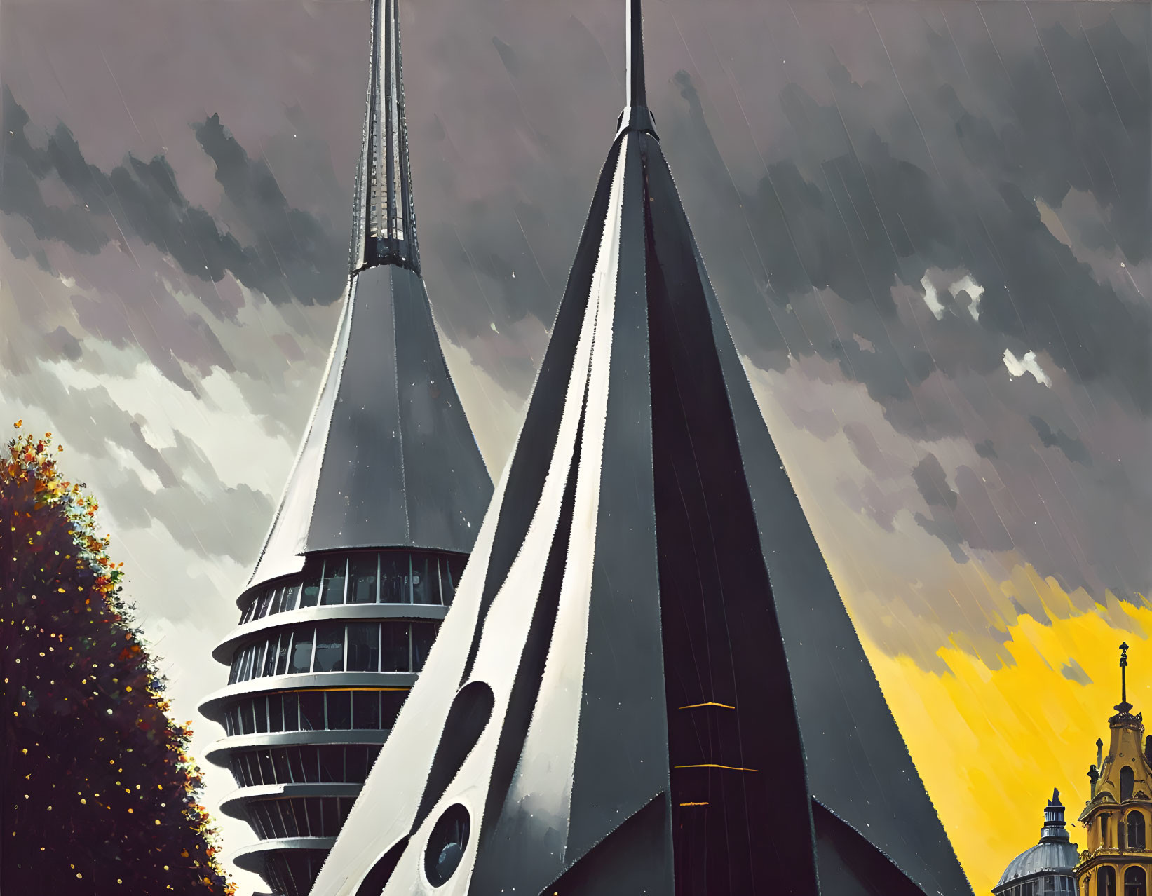 Futuristic spire-like buildings and traditional dome structure under stormy sky.