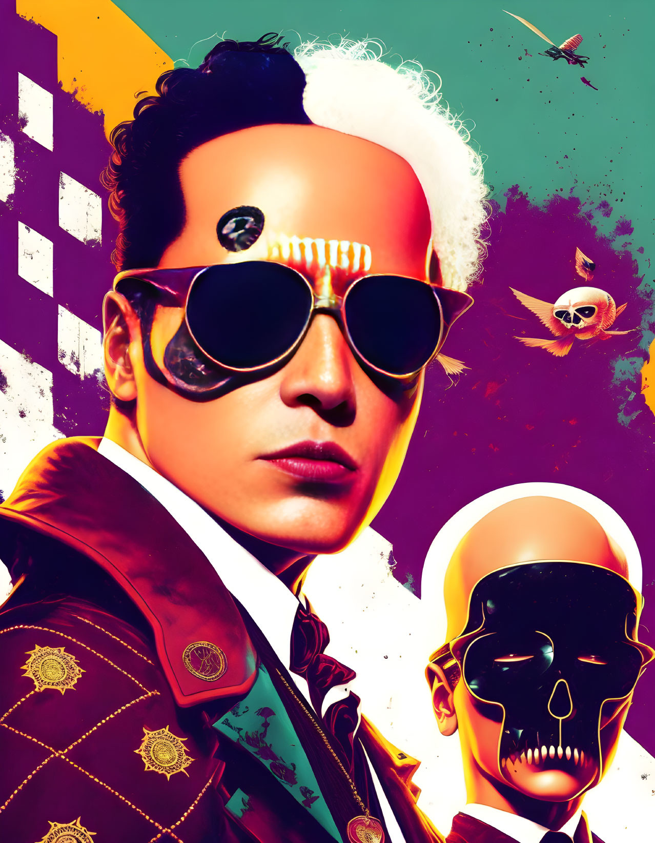 Colorful portrait with sunglasses, forehead symbol, checkered pattern, skulls, and plane on vibrant background