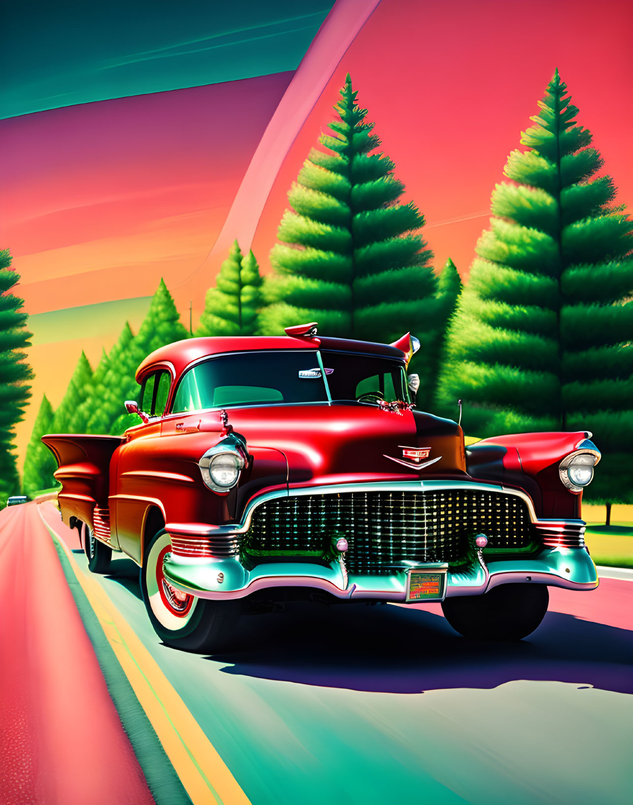 Colorful Illustration: Red Cadillac on Stylized Road with Sky and Pine Trees