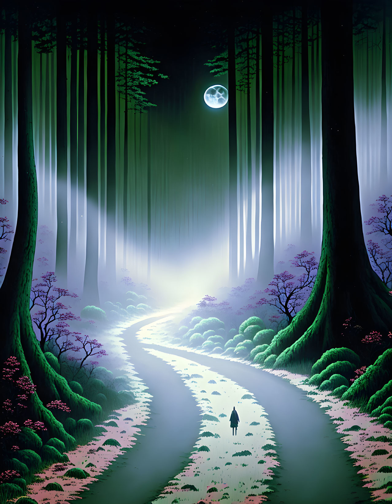 Figure walking in mystical forest with glowing lights and full moon