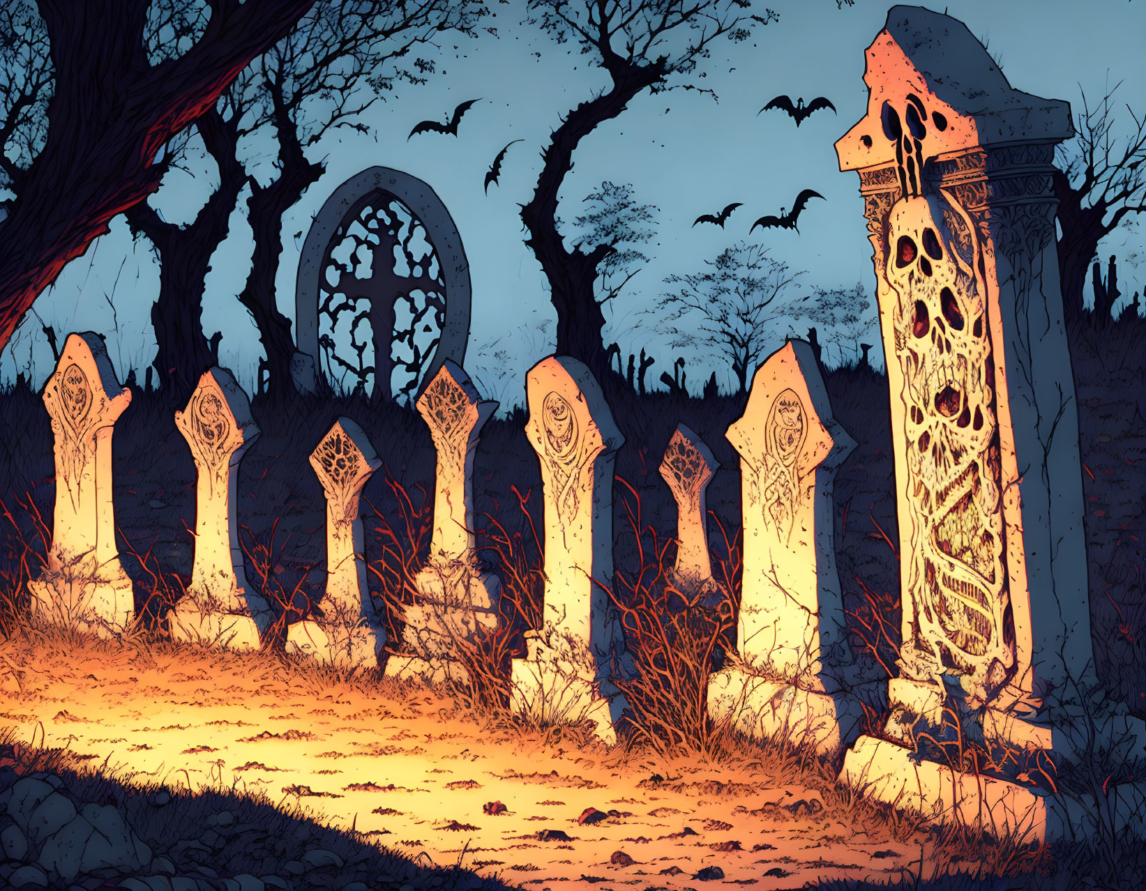 Spooky graveyard scene with ornate headstones, skeletal tree, bats, and eerie blue sky