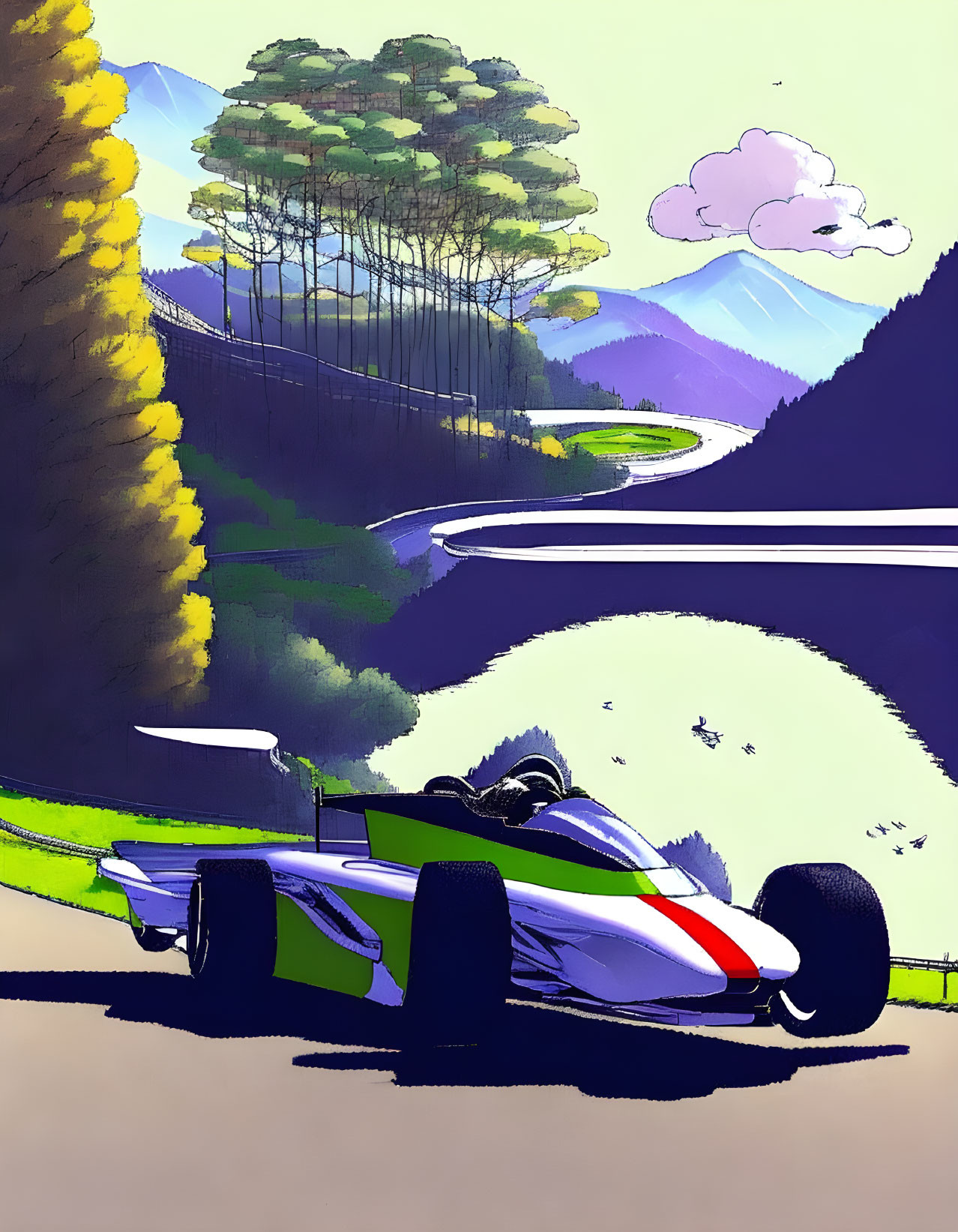 Vibrant racing car in scenic valley with lush greenery