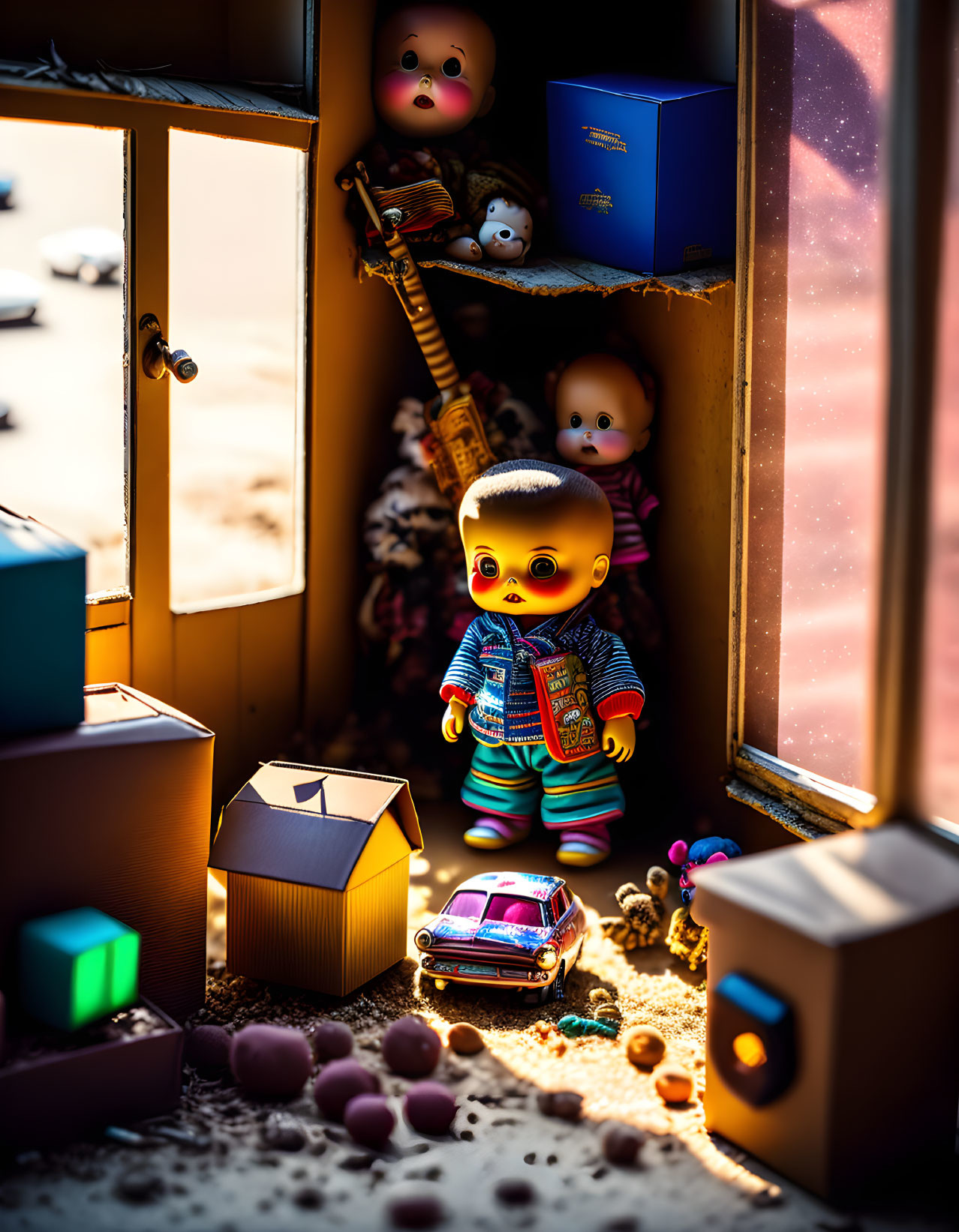 Colorful doll surrounded by toys in cluttered sunlit space