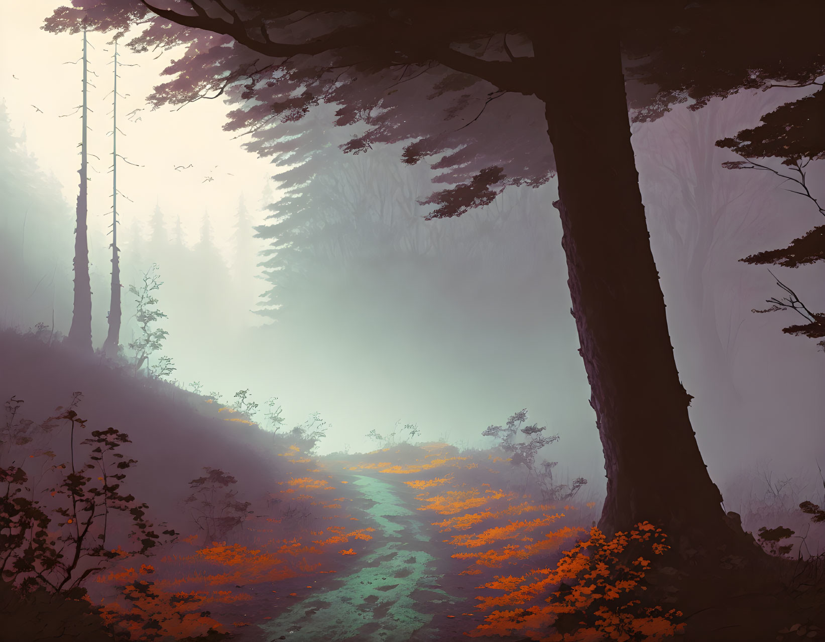 Mystical Forest Path with Orange Flowers and Misty Canopy