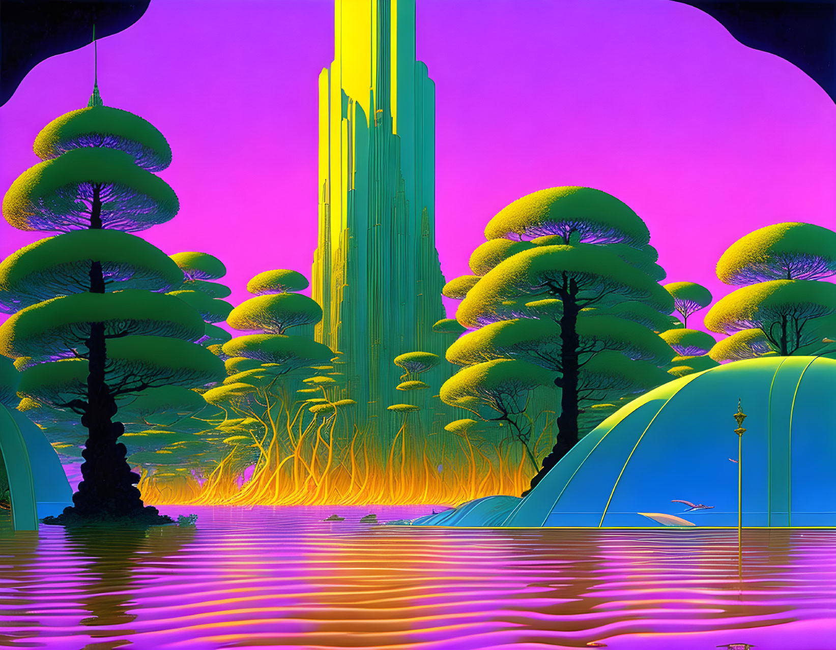 Surreal landscape with stylized trees, purple water, futuristic structure