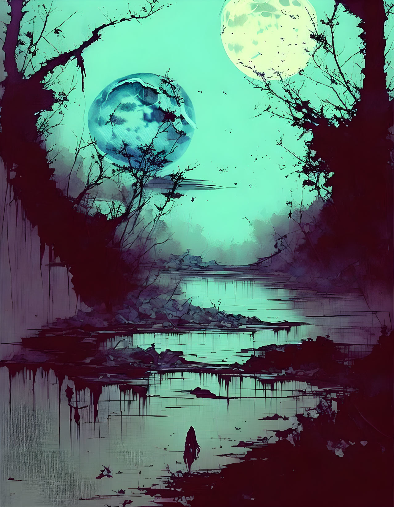 Solitary Figure by Waterway Under Teal Sky with Two Moons