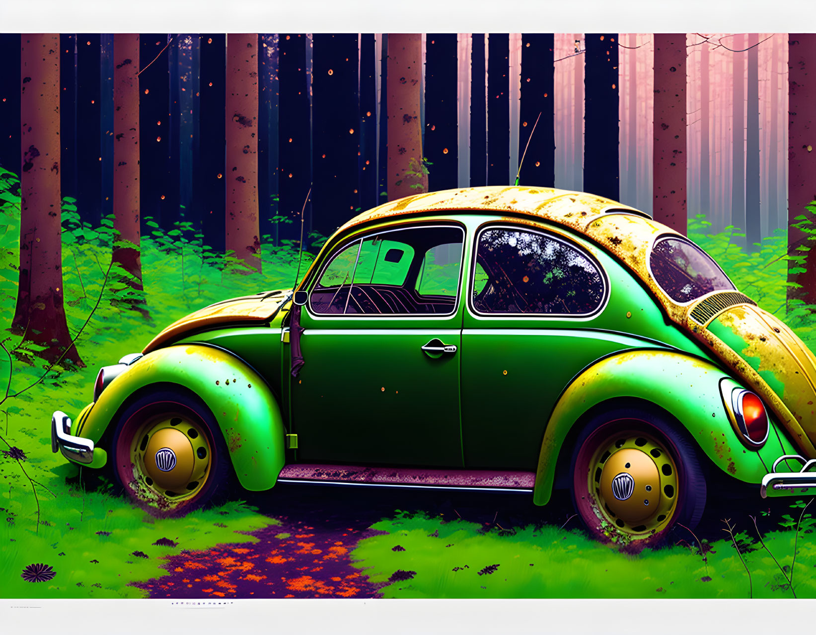 Vintage Green Volkswagen Beetle in Lush Forest Setting