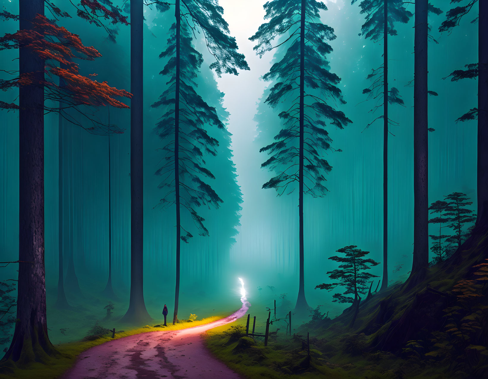 Person walking on forest path under ethereal blue light among tall trees