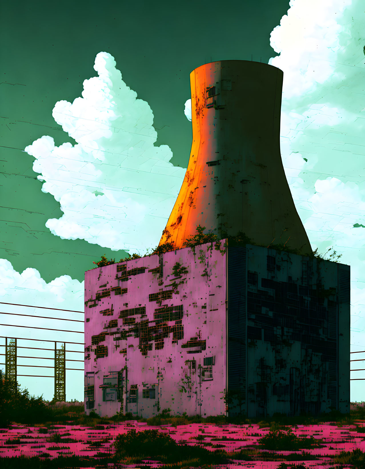 Abandoned cooling tower with vibrant sky and pink foliage in post-apocalyptic scene