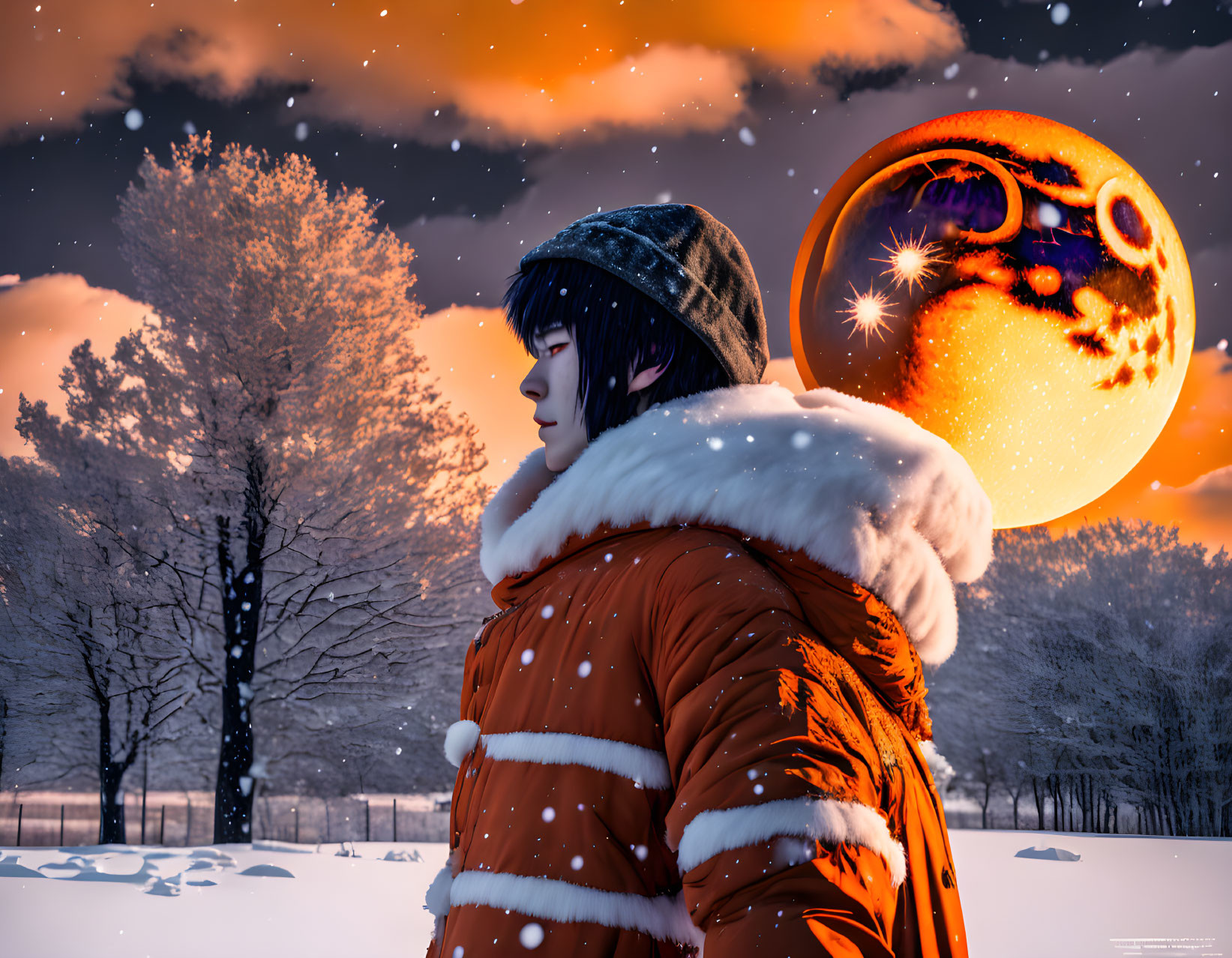 Person in winter jacket gazes at large orange planet in snowy night landscape