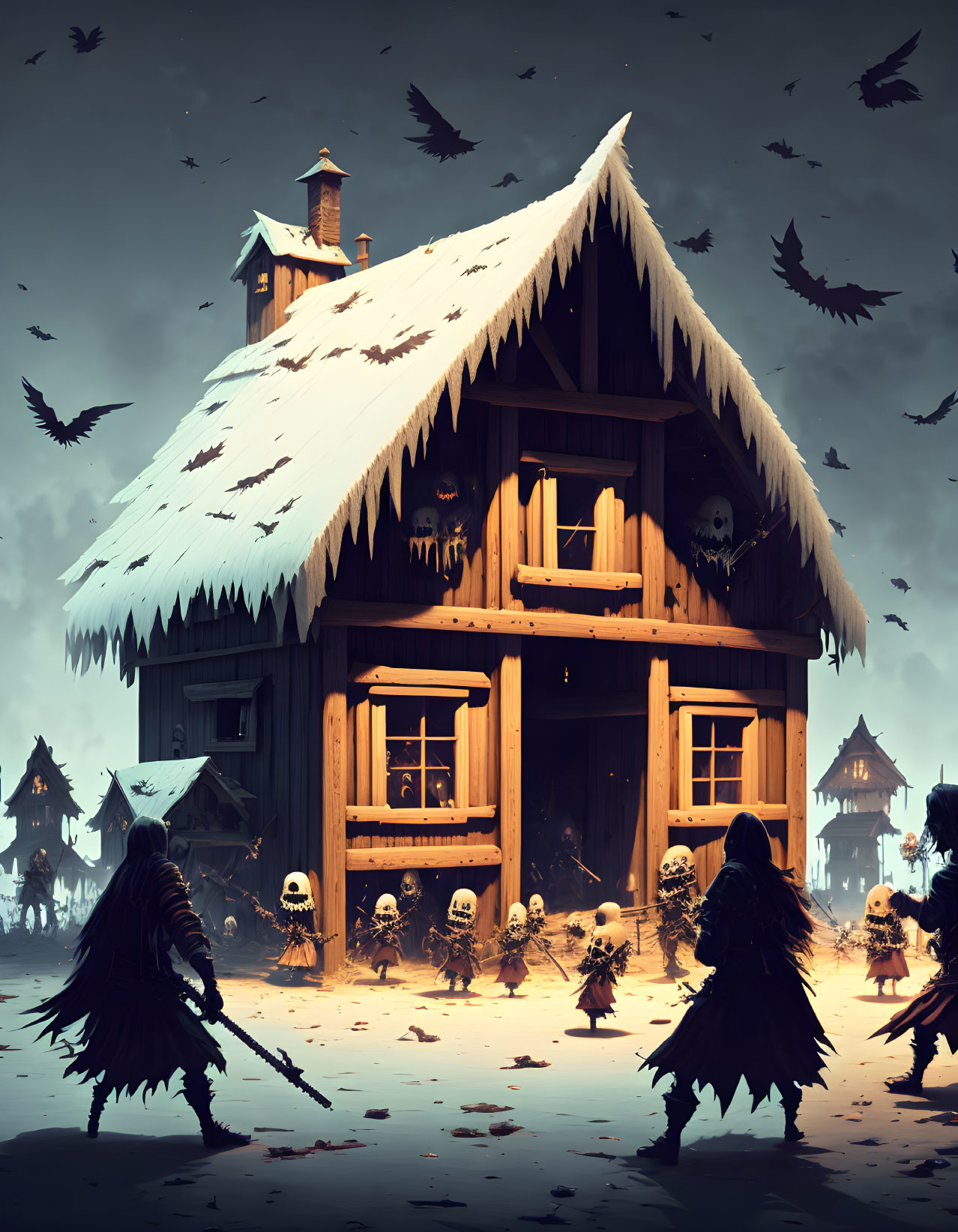 Spooky snow-covered cabin with menacing figures and skulls in eerie landscape