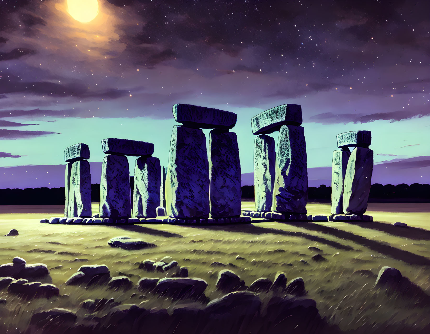 Illustration: Stonehenge at night under full moon and starry sky