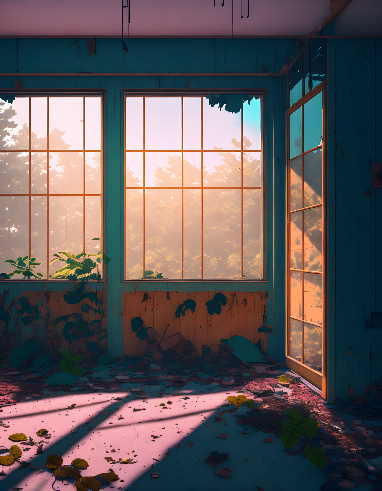 Abandoned room with turquoise walls and scattered foliage in sunlight