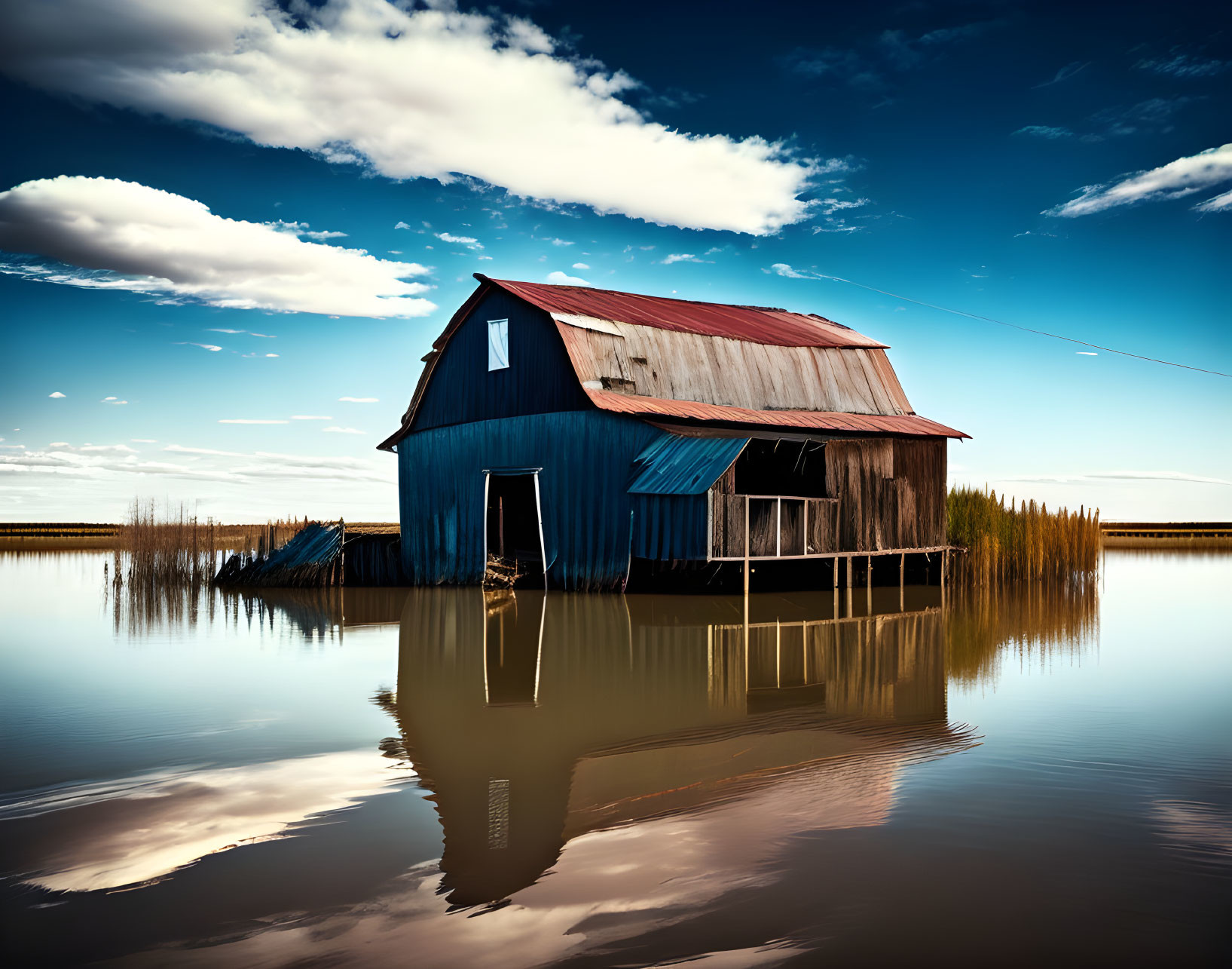 Weathered blue barn by calm water under cloudy sky