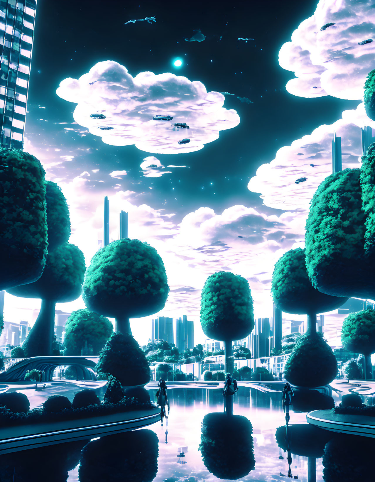 Nighttime futuristic cityscape with iridescent tones, floating clouds, luminous trees, and reflective