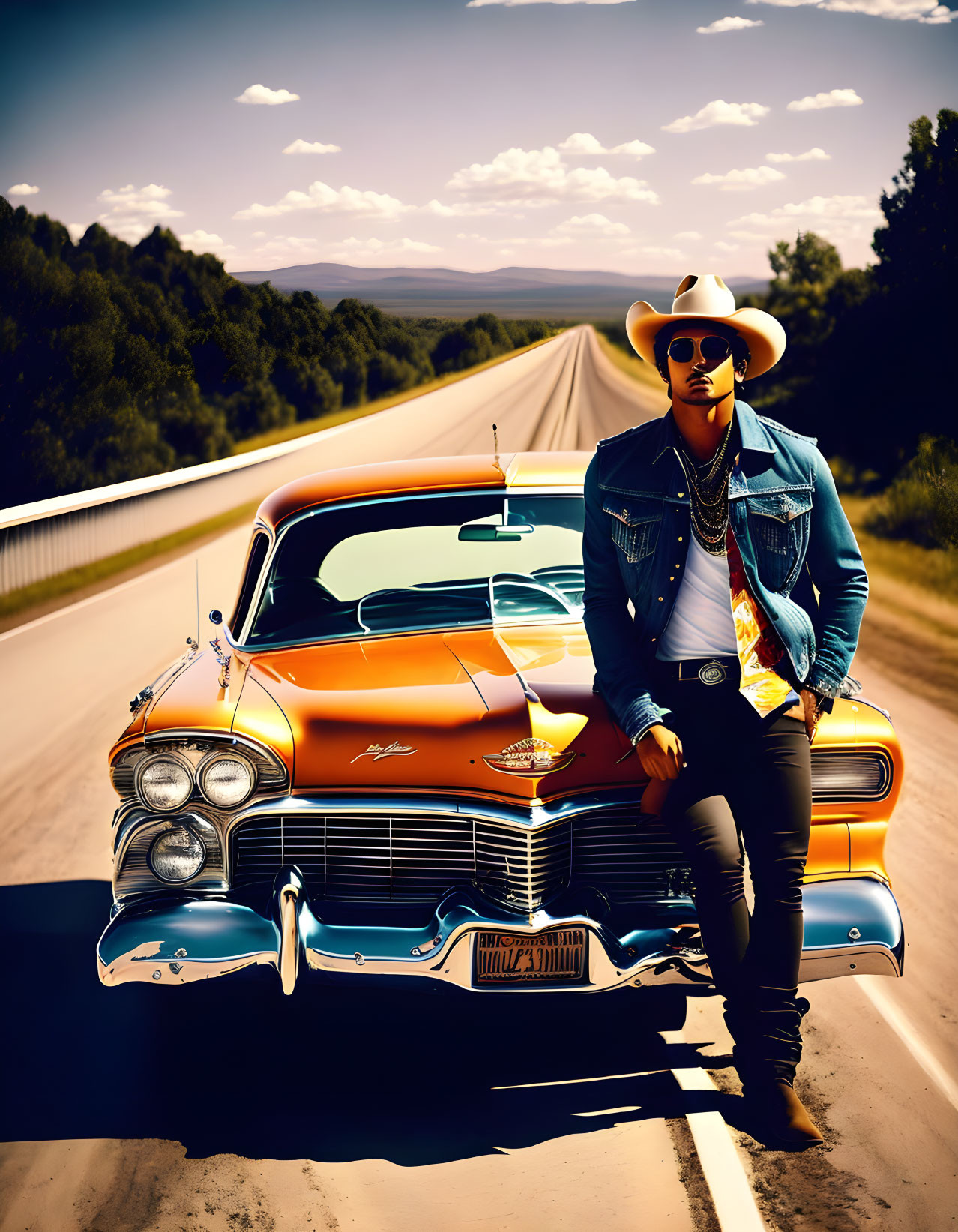 Cowboy hat person leaning on orange car on sunny road