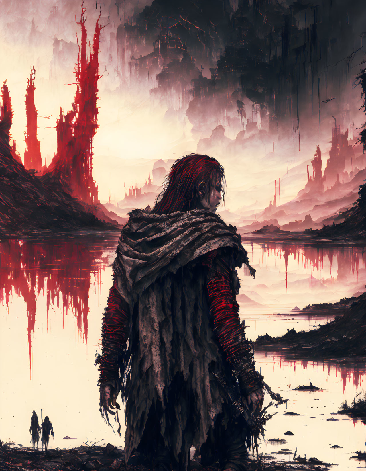 Cloaked figure in dystopian landscape with red waters and barren structures