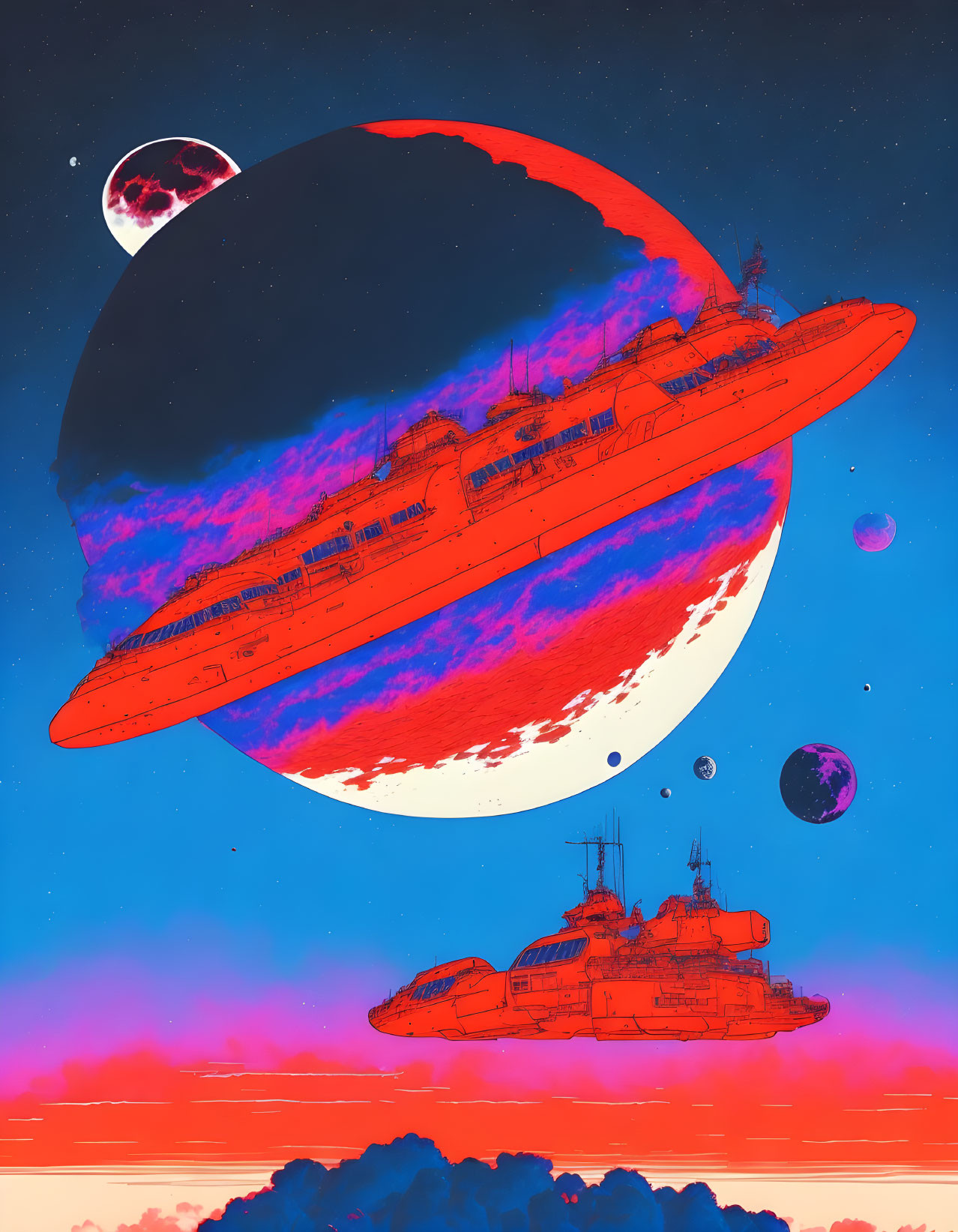 Futuristic red battleships in dreamlike sky with vibrant planets and moons