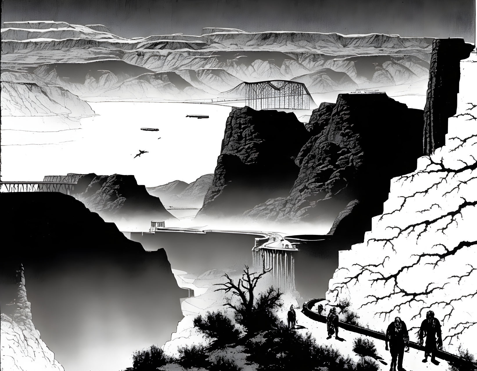 Monochromatic illustration of dramatic canyon landscape