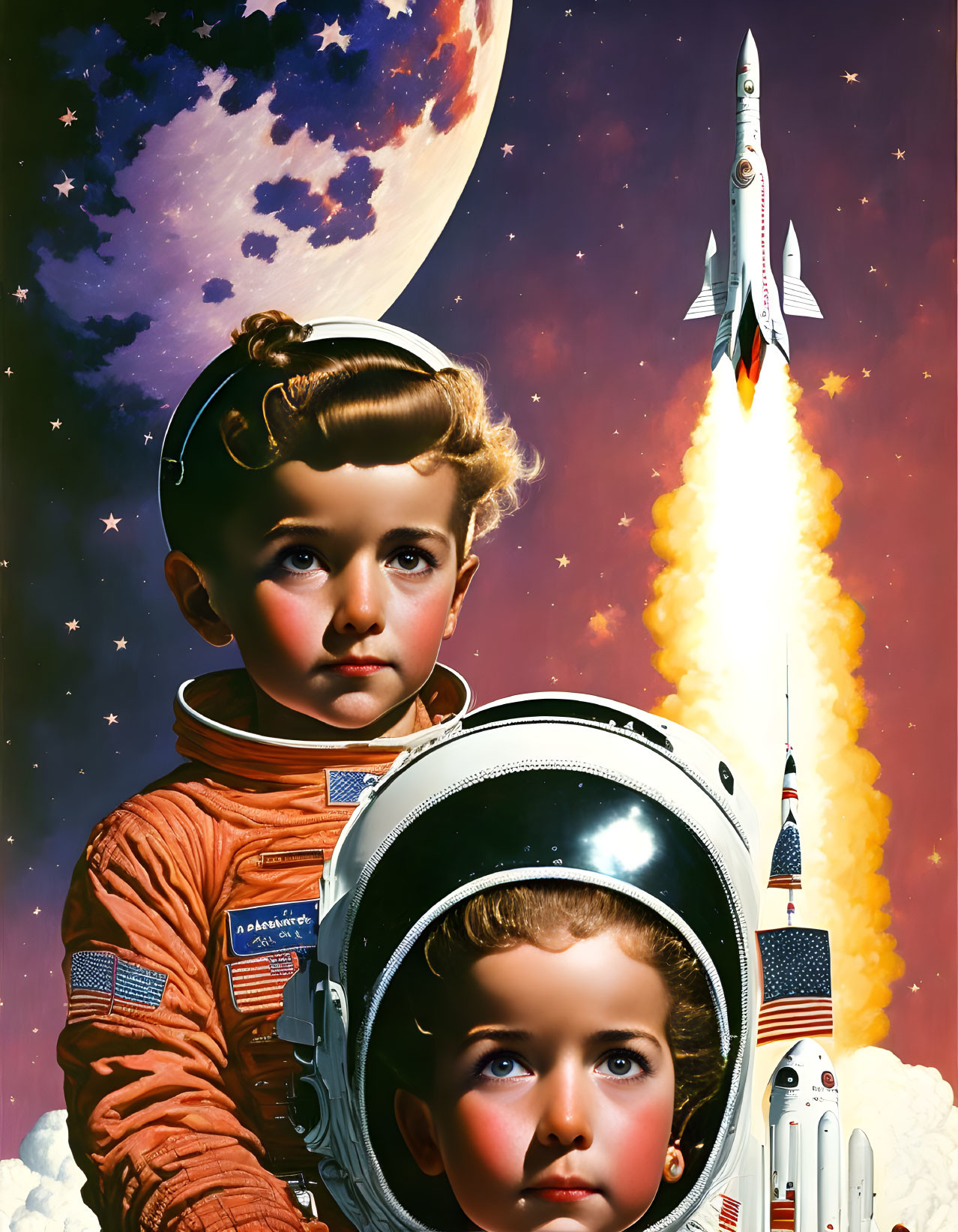 Vintage Astronaut Children Illustration with Rocket Launching in Starry Sky