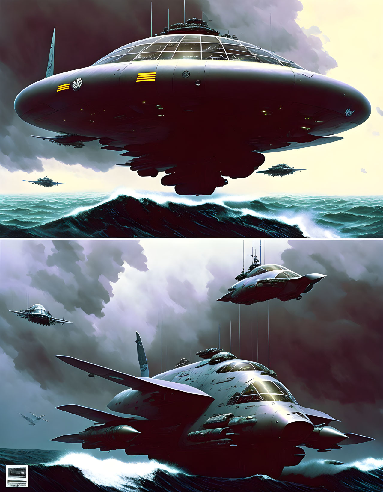 Large hovering submarine-like ships in futuristic maritime scene