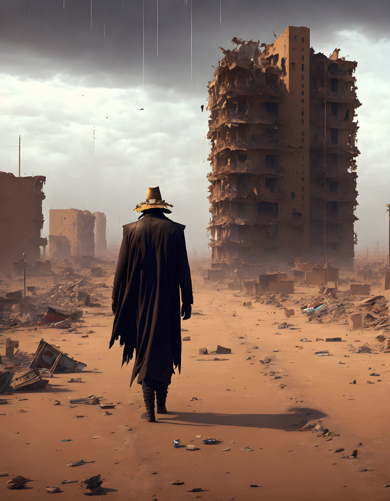 Person in Long Coat Stands in Desolate Urban Landscape