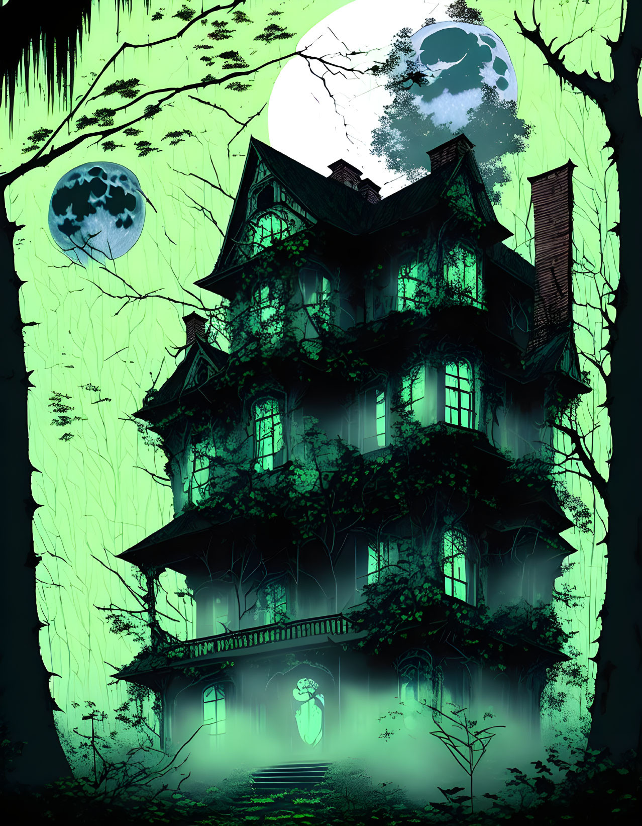 Spooky haunted house illustration with eerie atmosphere