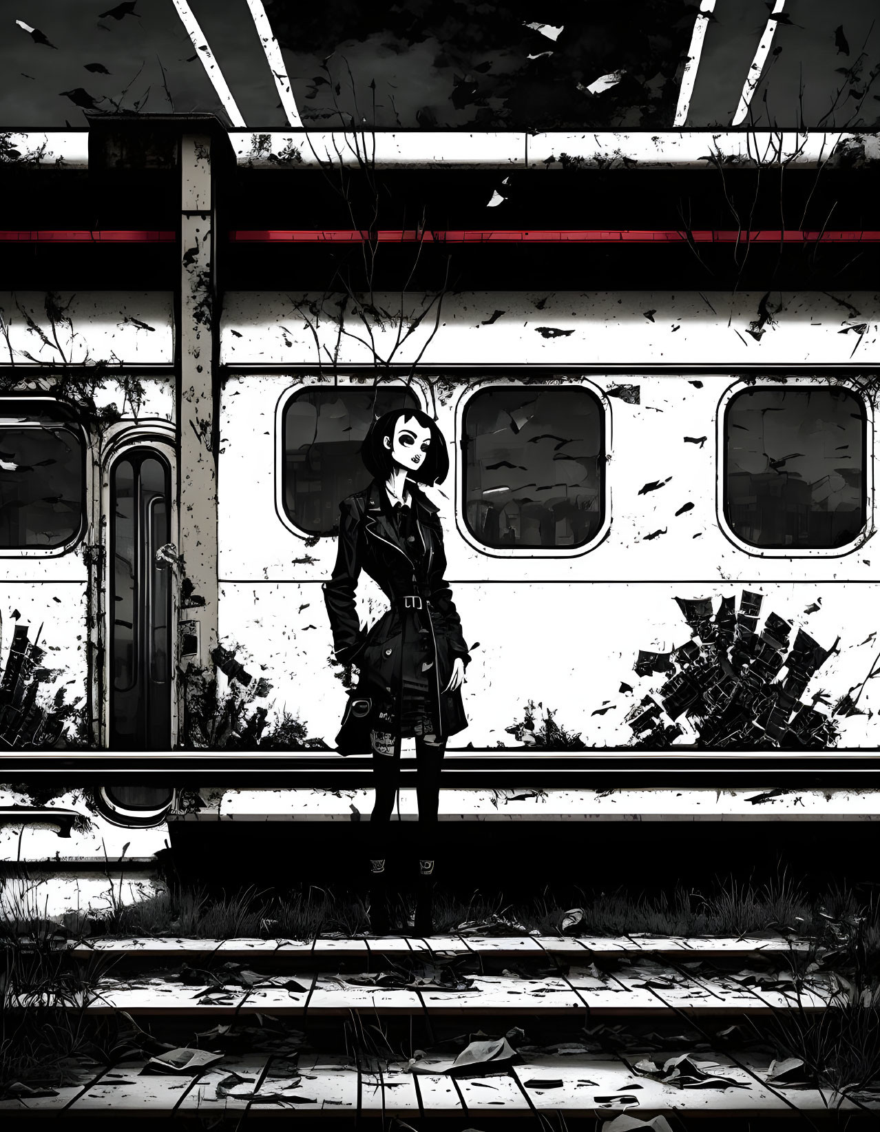 Monochrome illustration of person at graffiti-covered train station