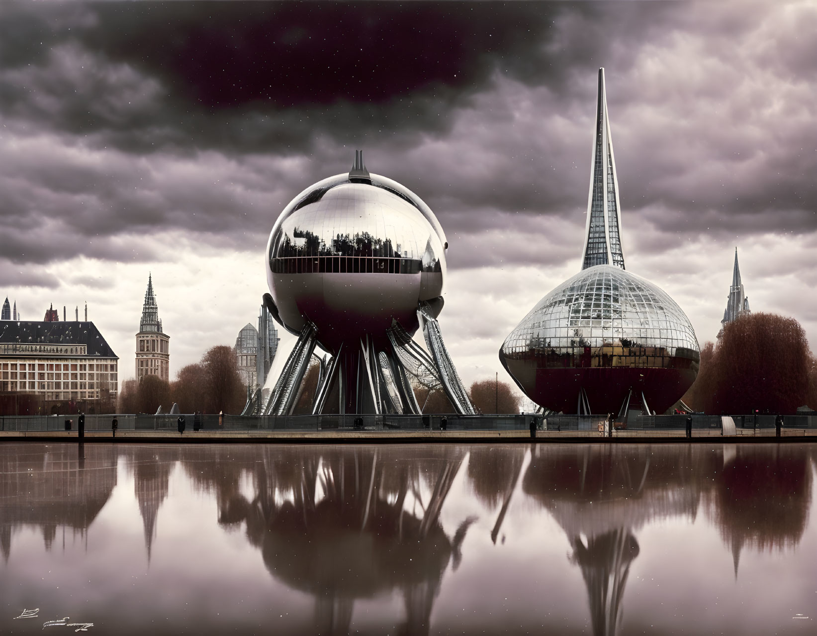 Futuristic cityscape with reflective sphere, spire building, classical architecture, and cloudy sky.