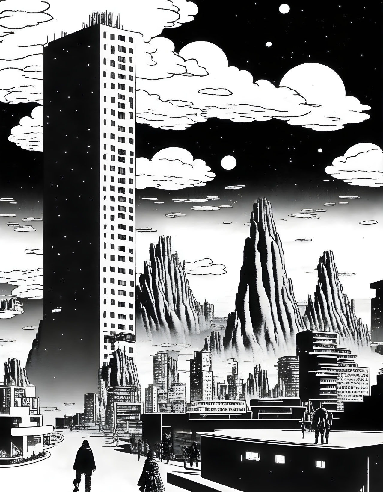 Futuristic monochrome cityscape with skyscraper, mountains, and silhouetted figures.