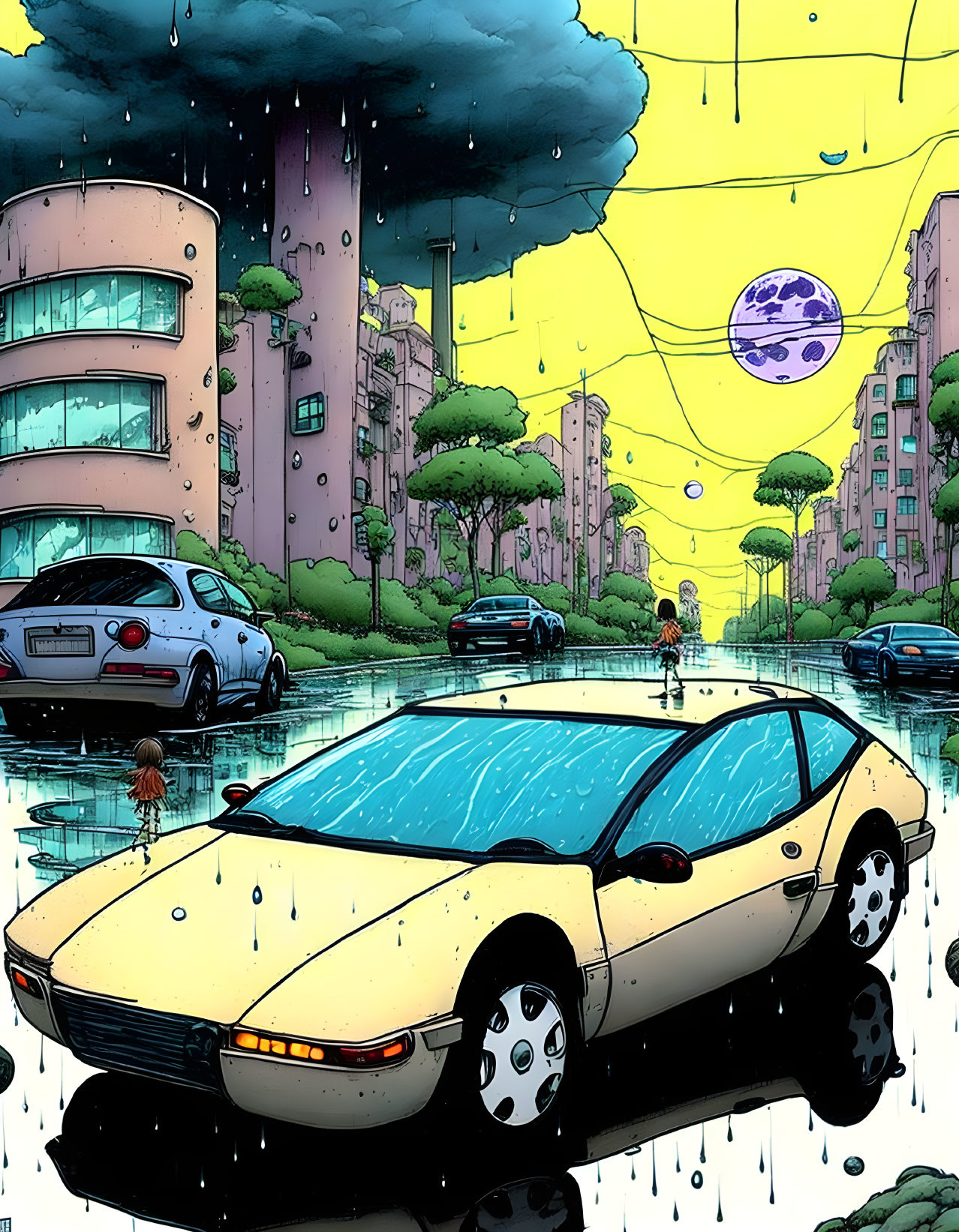 Vibrant urban scene with futuristic buildings and hovering vehicle