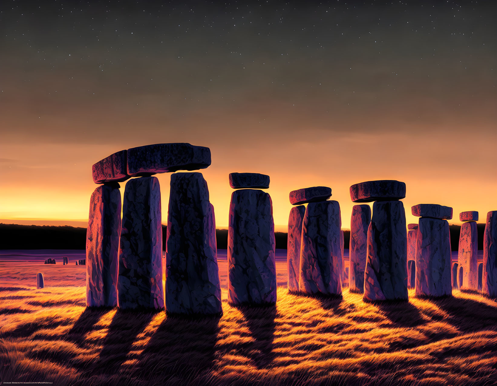 Ancient Stonehenge at Twilight with Starry Sky