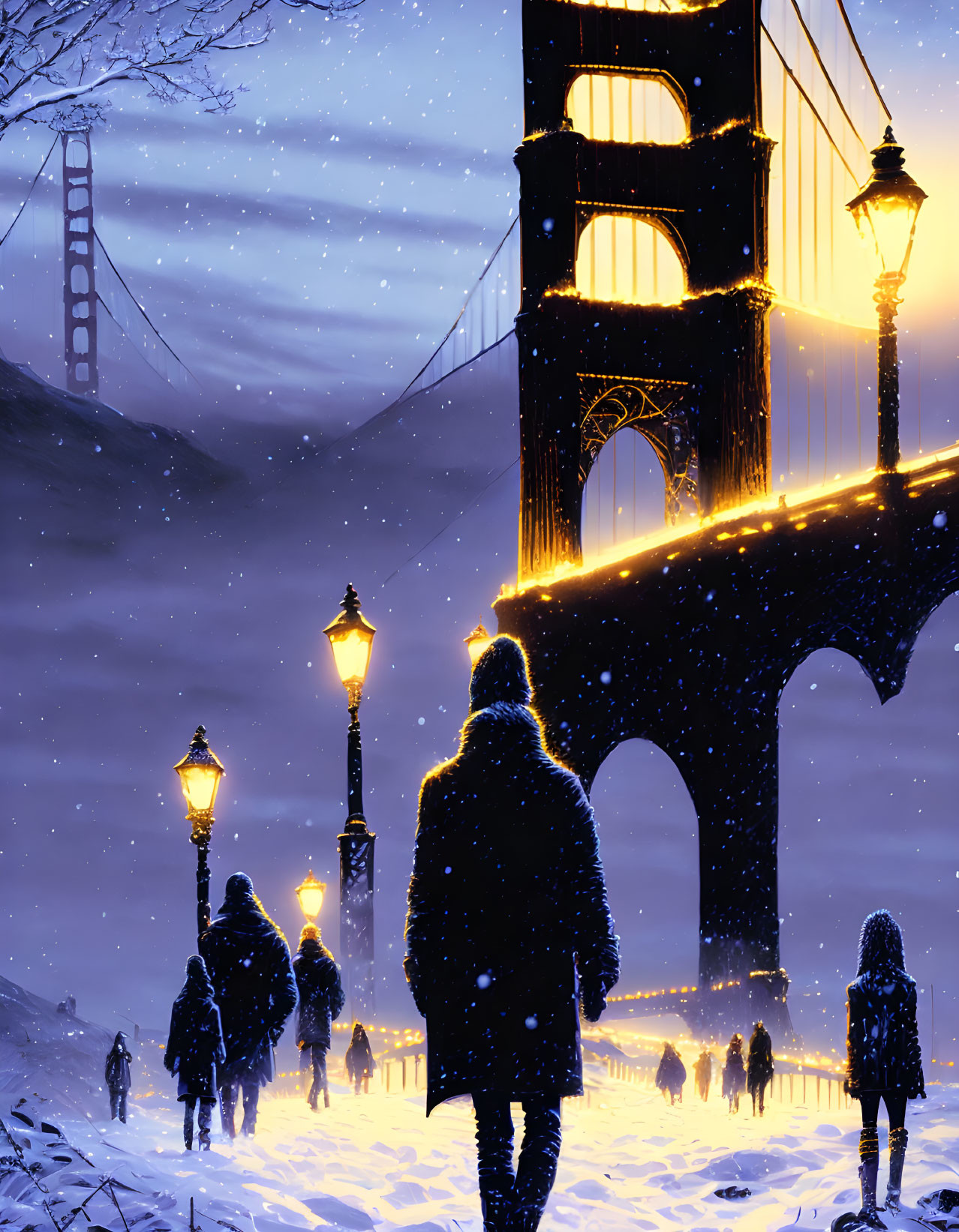 Snow-covered Golden Gate Bridge at twilight with people walking under street lamps