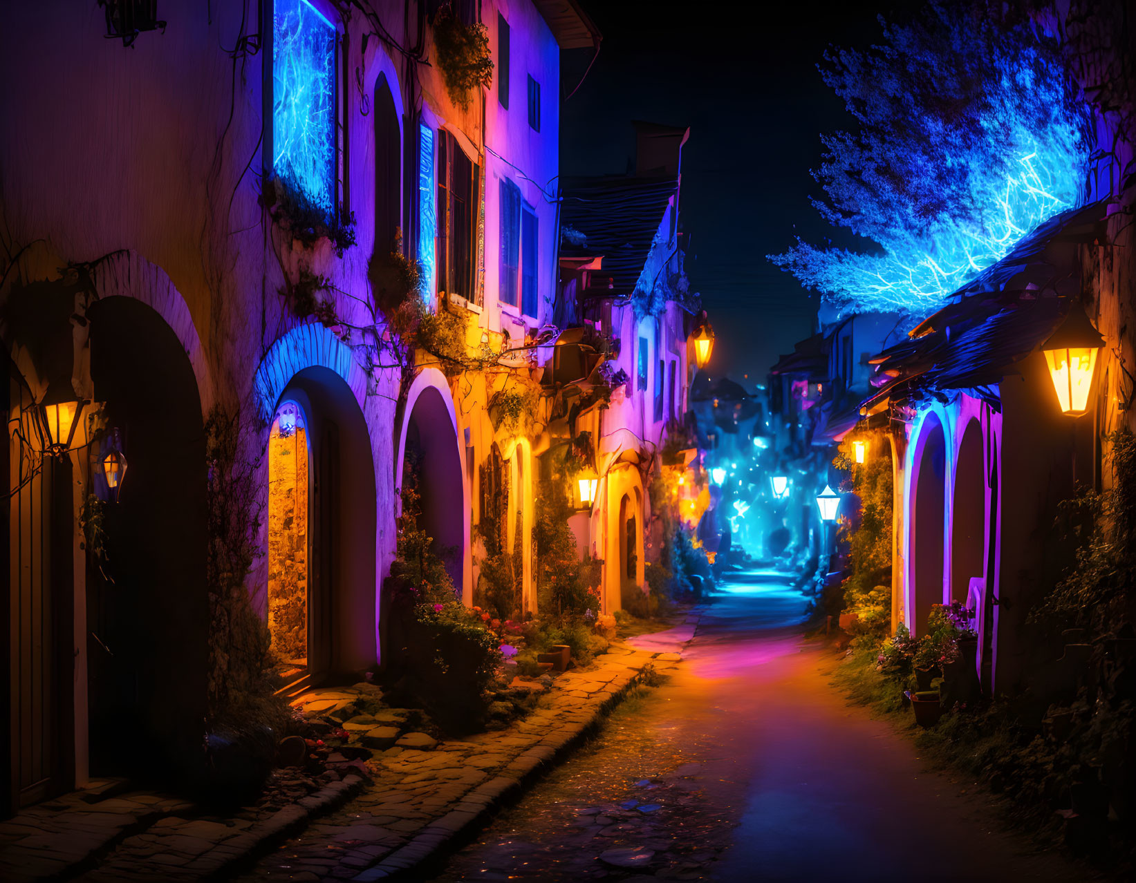 Quaint cobblestone street at night with warm yellow and blue neon lights