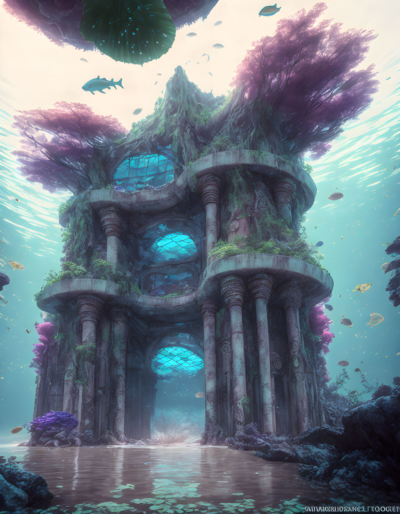 Ethereal underwater structure with arched pillars, glowing windows, overgrowth, fish, and mystical