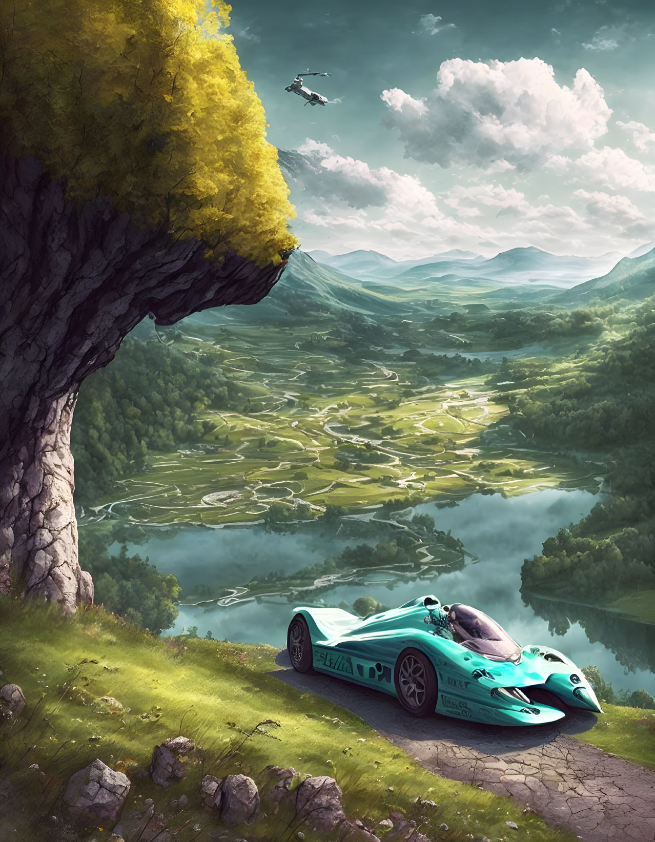 Futuristic blue race car on mountain road with lush valley view