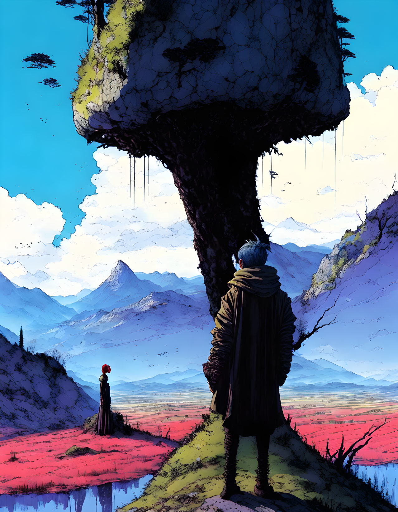 Two figures in surreal landscape with colossal tree and mountains.