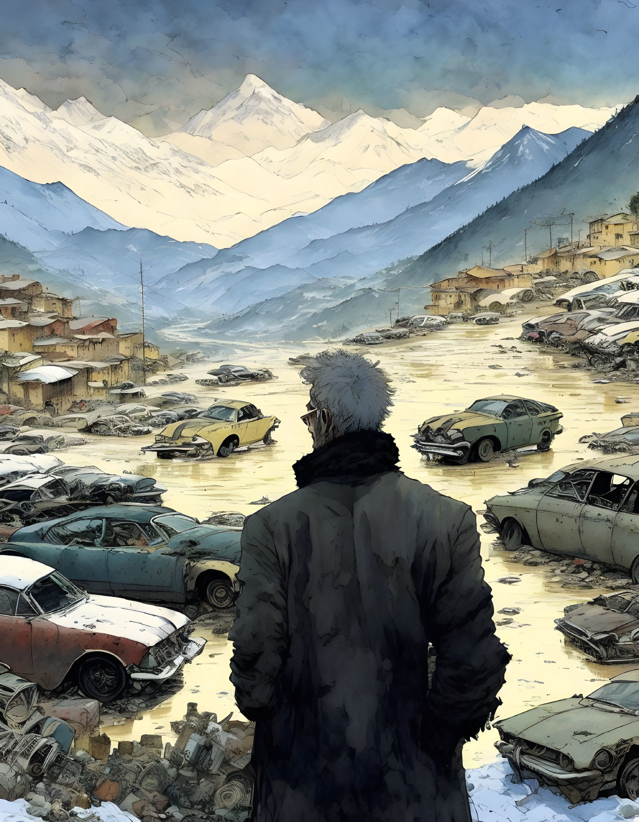 Person overlooking snowy mountain vista with abandoned cars in post-apocalyptic scene