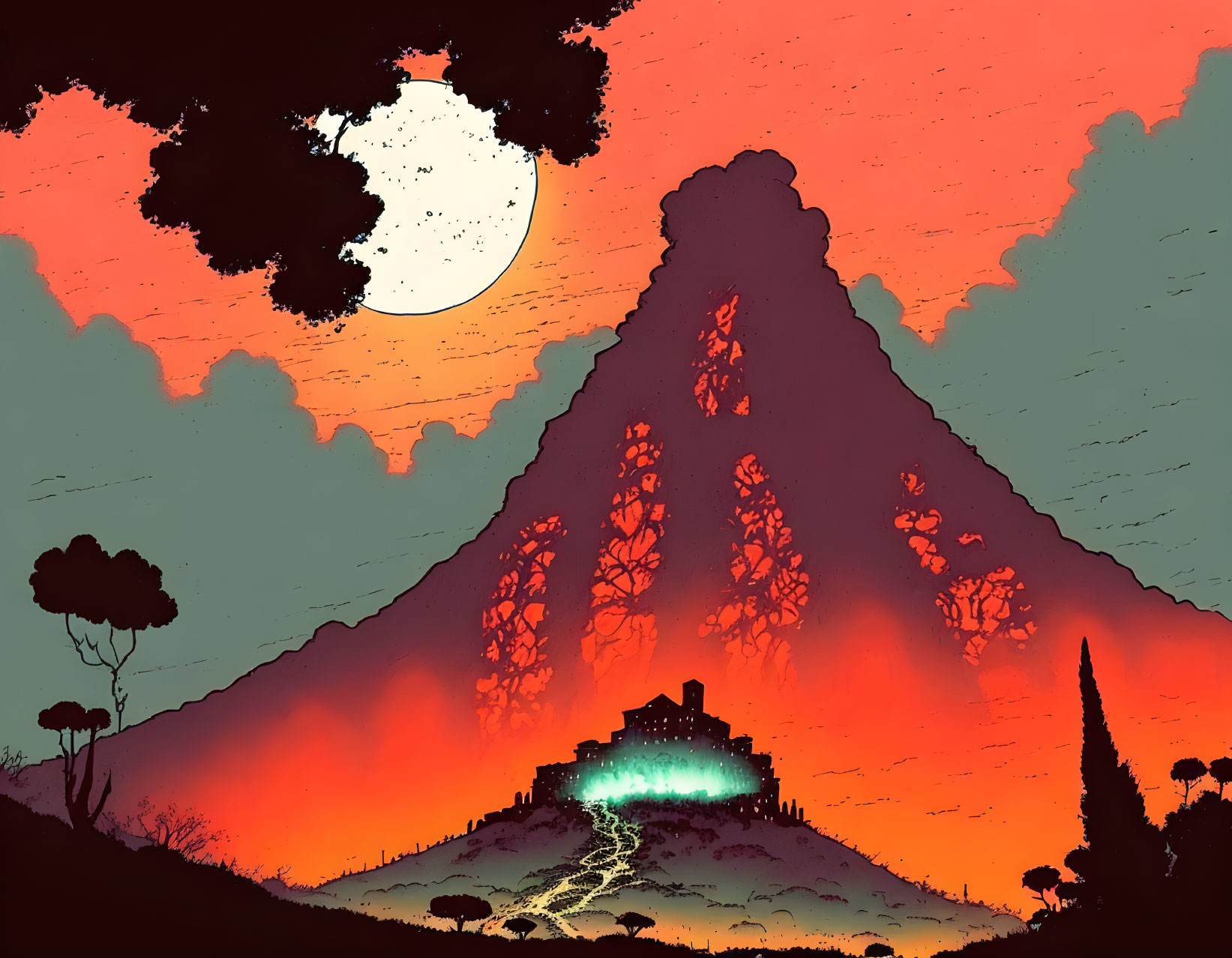 Mountain, trees, and glowing house under red sky with full moon