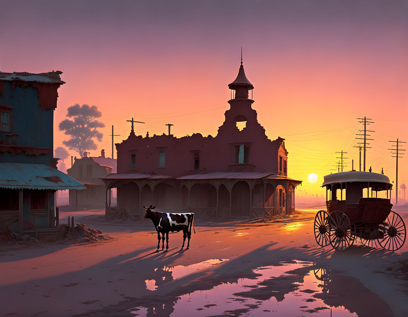 Western town at sunset with cow and carriage on deserted street